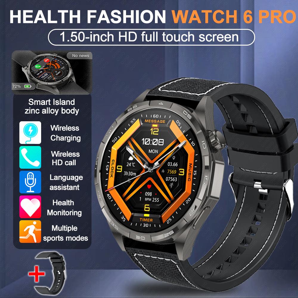 2026 Neue Uhr 6 Pro Outdoor-Sport Smartwatch Herren 1,50” HD-Bildschirm GPS-Streckenverfolgung Höhenmesser Druck Herzfrequenz Smartwatch Black Nylon+Silicone