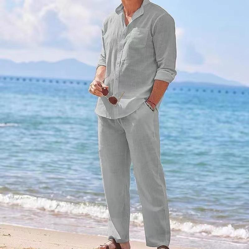 Herren Strand Trainingsanzug Set Herren Anzug Lässig Leinen Zweiteilige Sets Langarmhemd und Lange Hose Anzug XXL grau