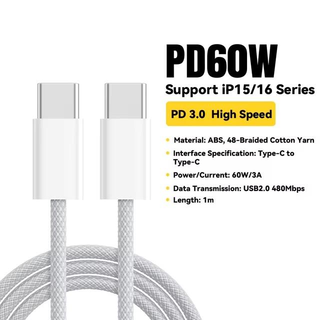 Essager 60W USB Typ C zu Typ C Kabel Für Iphone 16 15Pro Xiaomi Huawei Schnelle Lade USB C Kabel für Xiaomi Samsung Schnelle Kabel 1m weiß
