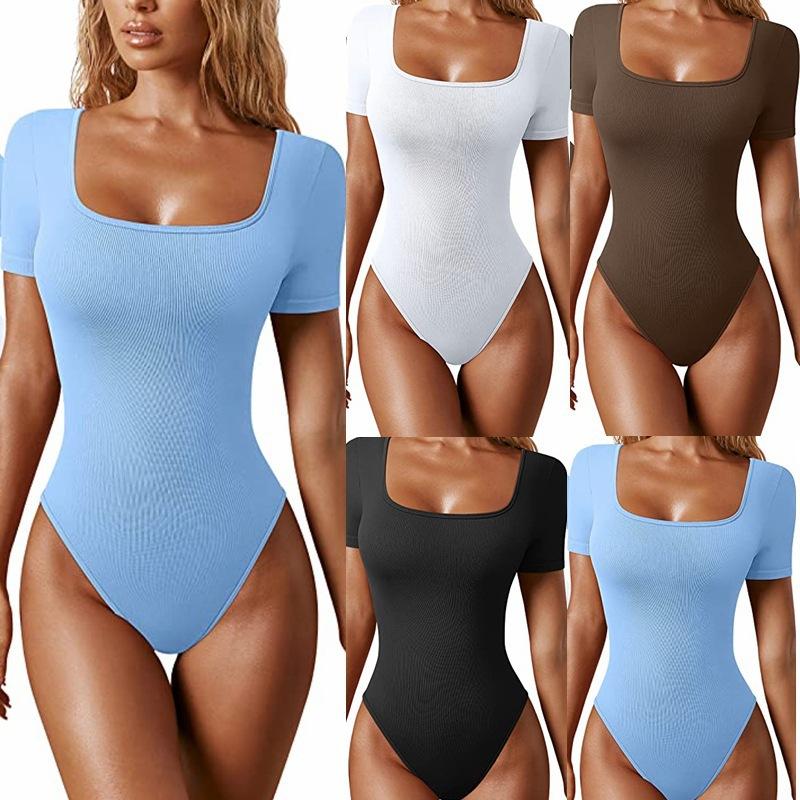 Schlanke Damen Sexy Bodysuit Solid Fashion Skinny Bodycon Damen Bodysuit Kurzarm Casual Einfarbig Lose Sport Damen Bodysuit Strand Strampler XL blau
