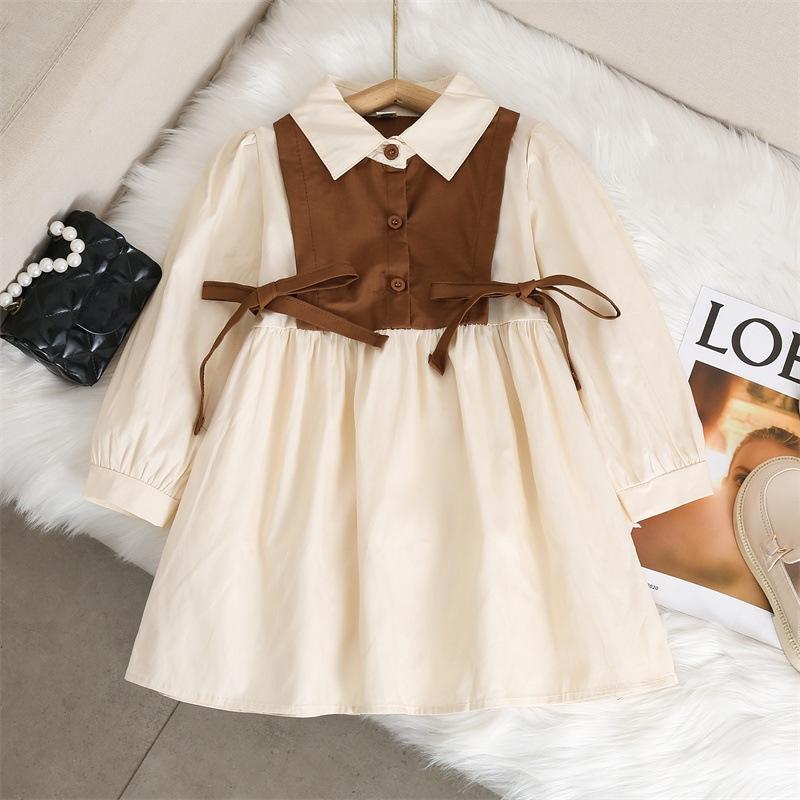 Kinder Mädchenkleider Langarm Patchwork Revers Knopfkleider Für Mädchen Mode Kinderbekleidung Outfit Babykleidung Frühling Herbst 90 braun