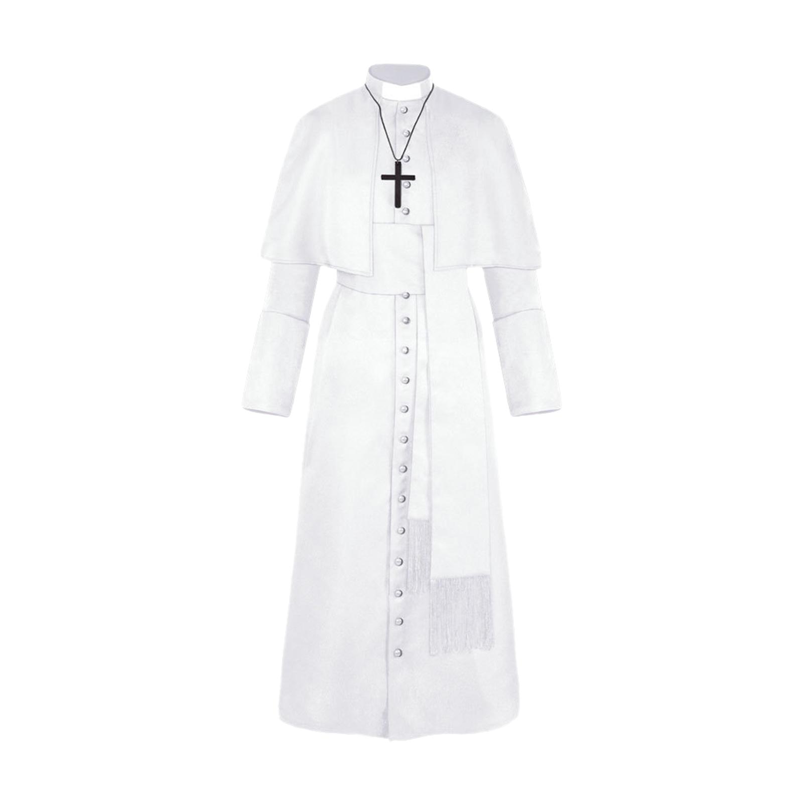 Halloween-Priester-Kostüm mit Kreuz-Halskette, Unisex, solides, langes Vater-Vikar-Kostüm L weiß