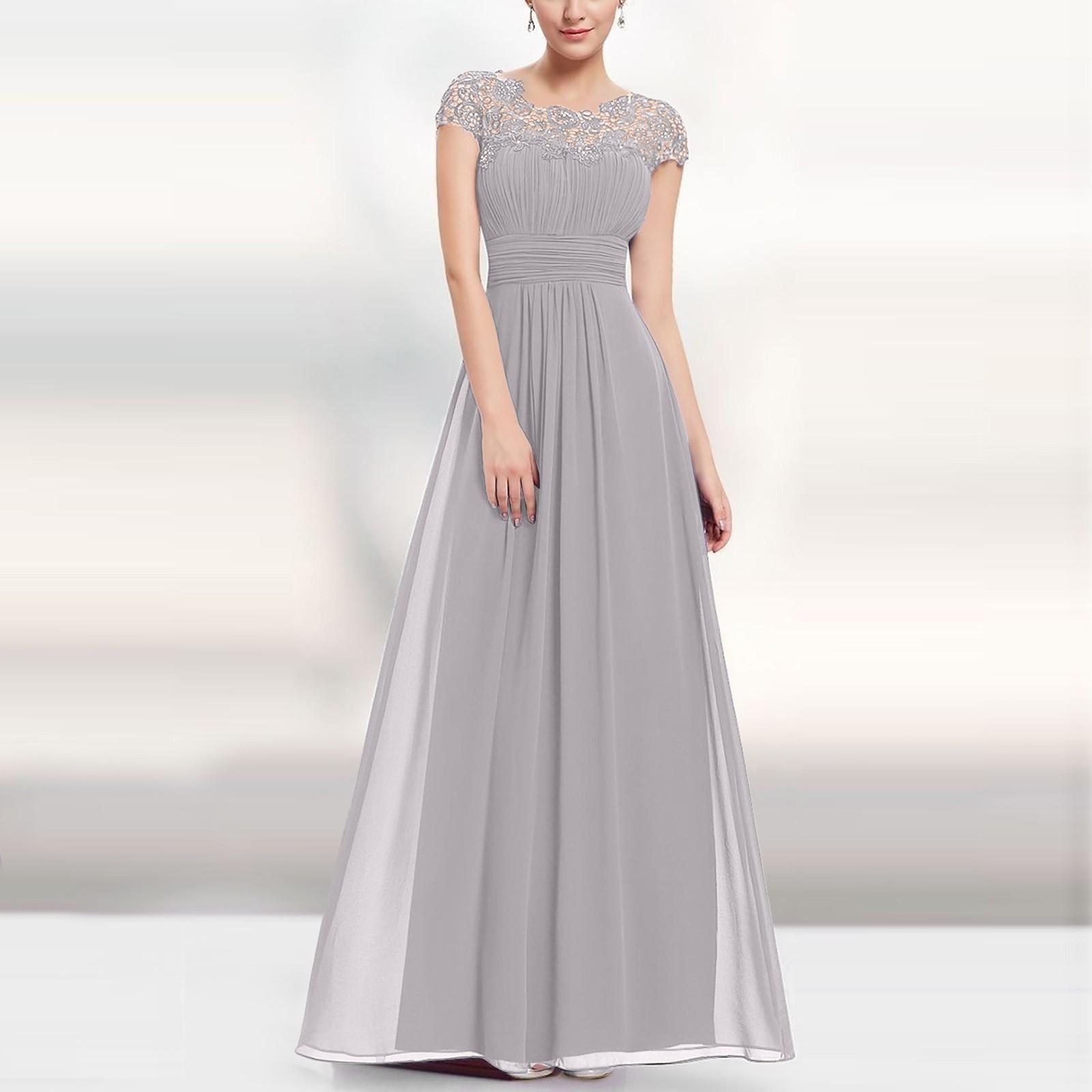 Damenmode, florales, formelles Spitzen-Vintage-Kurzarm-, schmales, langes Hochzeitskleid S grau