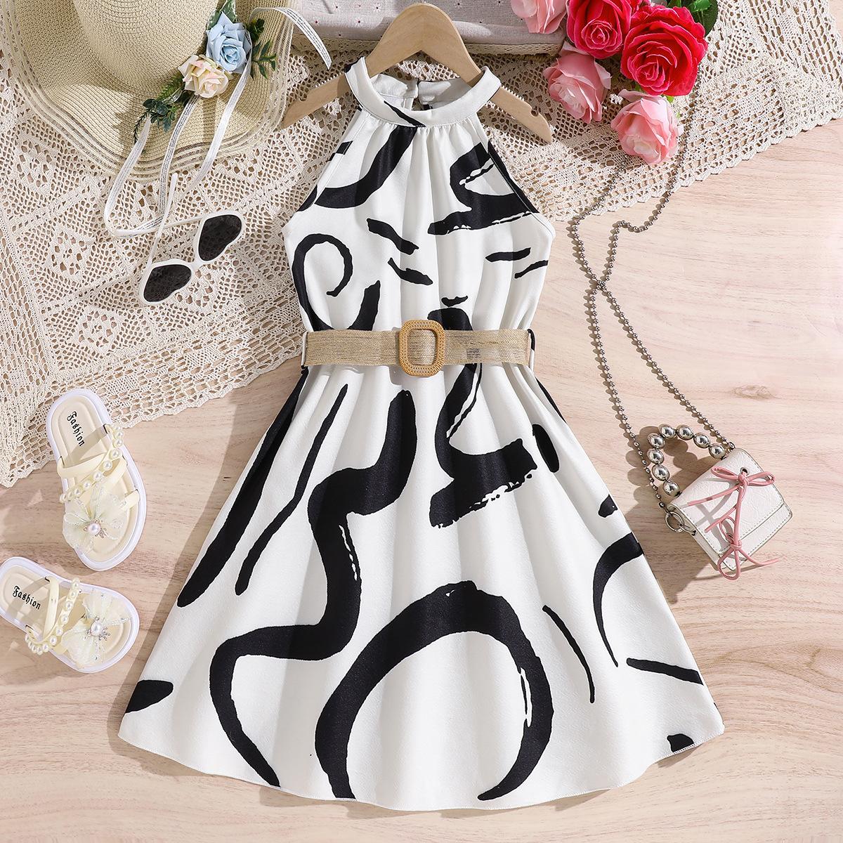 Kinderkleidung Neckholder-Kleid für Mädchen Ärmellos Bedrucktes Sommer-Prinzessinnenkleid für 8-12J 12Y weiß