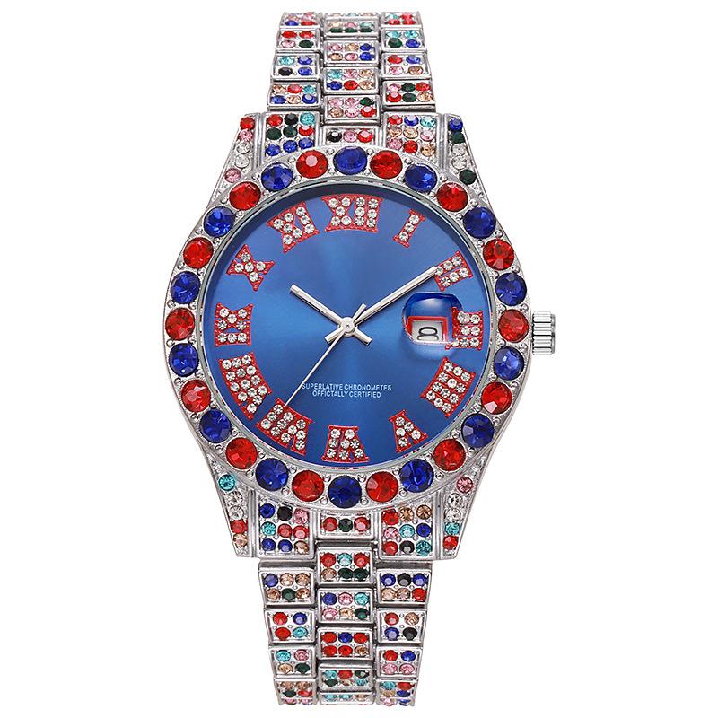 Herren Echte Große Marken Uhren Mode Lässige Legierungsarmband Datum Quarz Vintage Uhr Sss Lieferung Hip Hop Diamant Goldene Luxusuhr blau