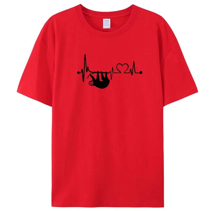 Hochwertiges Baumwoll-Oversized-T-Shirt Herrenmode Lockerer Sommer Damen Kurzarm-Oberteil Das Faultier Bedrucktes Oberteil 2XL red
