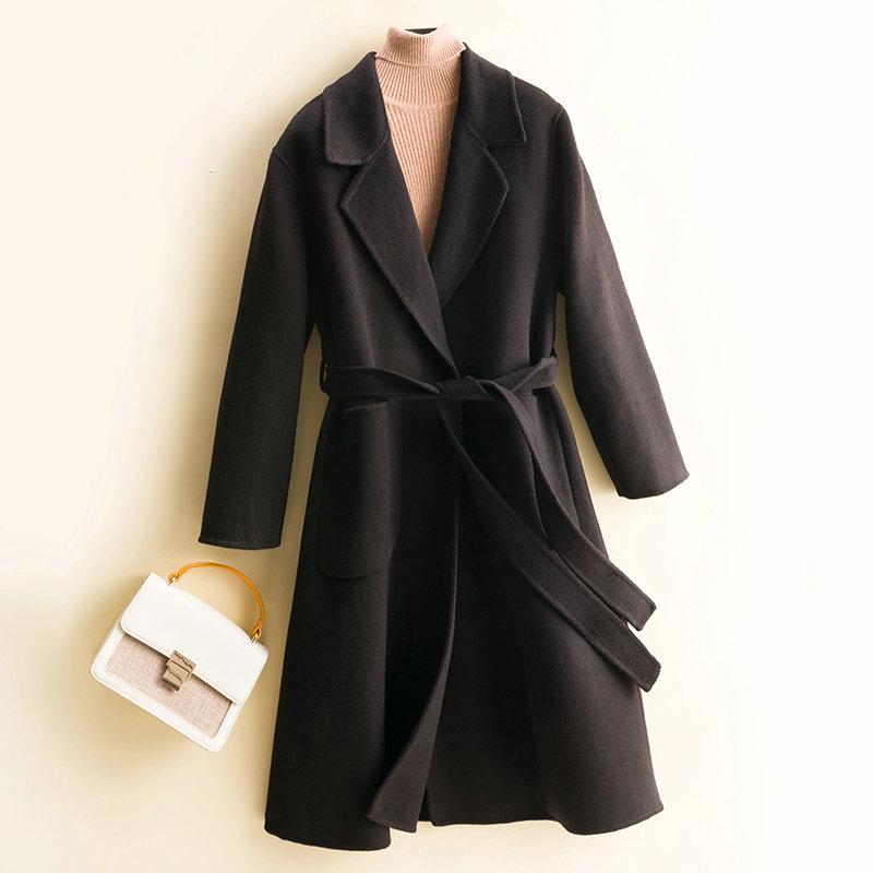100 % Wolle Damen Mantel Herbst Wollmantel Winter Wolle Lange Mäntel Kaschmir Mantel Gürtel Übergroß L schwarz