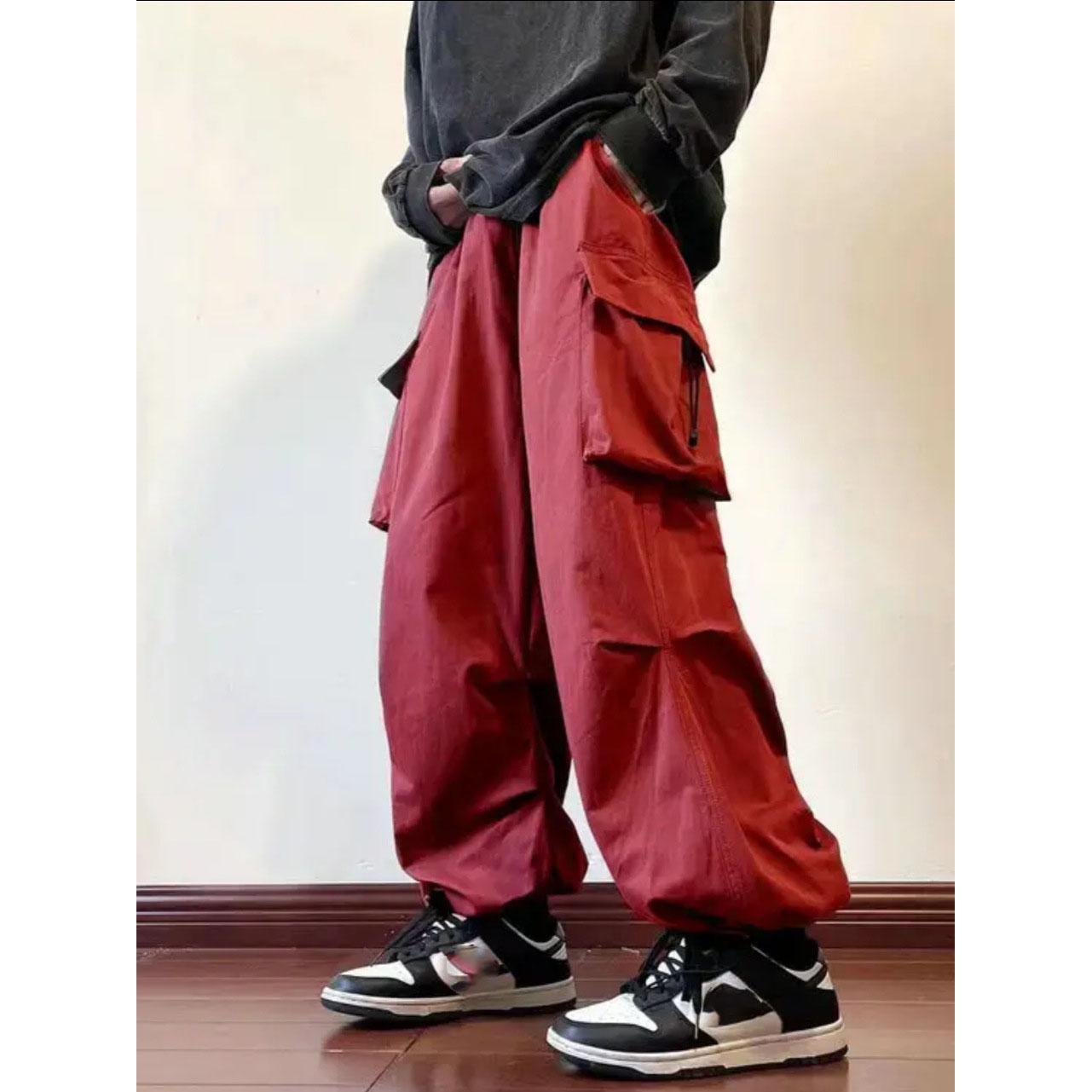 Streetwear Frühling Harem Casual Hosen Männer Elastische Taille Einfarbig Cargo Hosen Multi Tasche Lose Baggy Hosen für Frauen L rot
