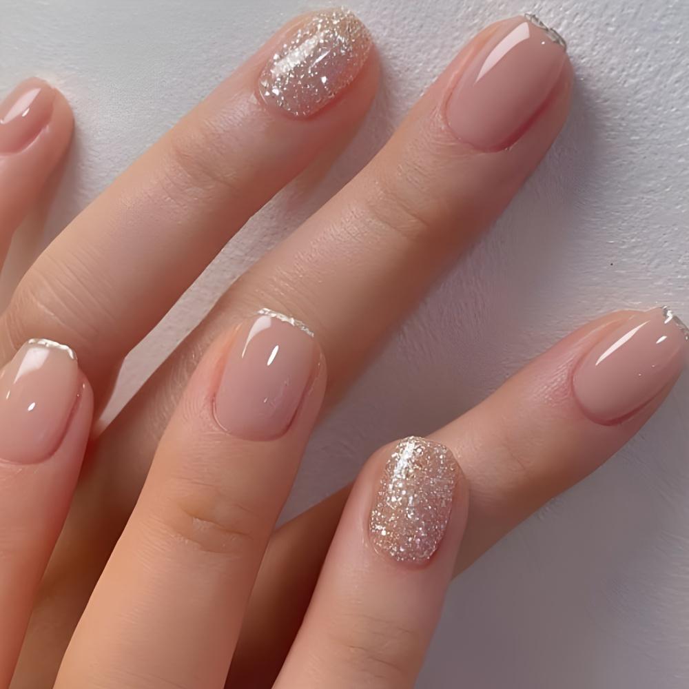 24 Teile/satz Glänzend Kurz Oval Nude Drücken Auf Nägel Glitter Französisch Stil Falsche Nägel Glitter Wiederverwendbare Künstliche Fingernägel