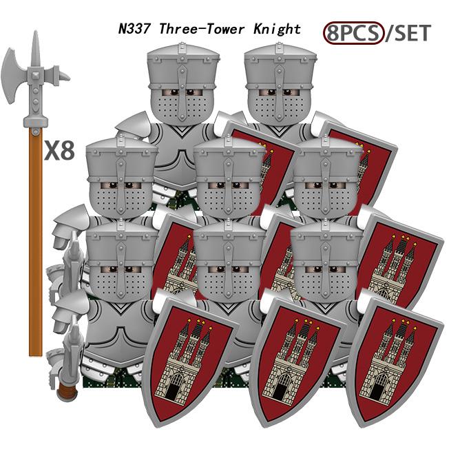 MOC Mittelalterliche Burgturm Ritter Figuren Bausteine Waffen Schild Schwert Helme Rüstung Weste Hirsch Soldaten Armee Steine Spielzeug