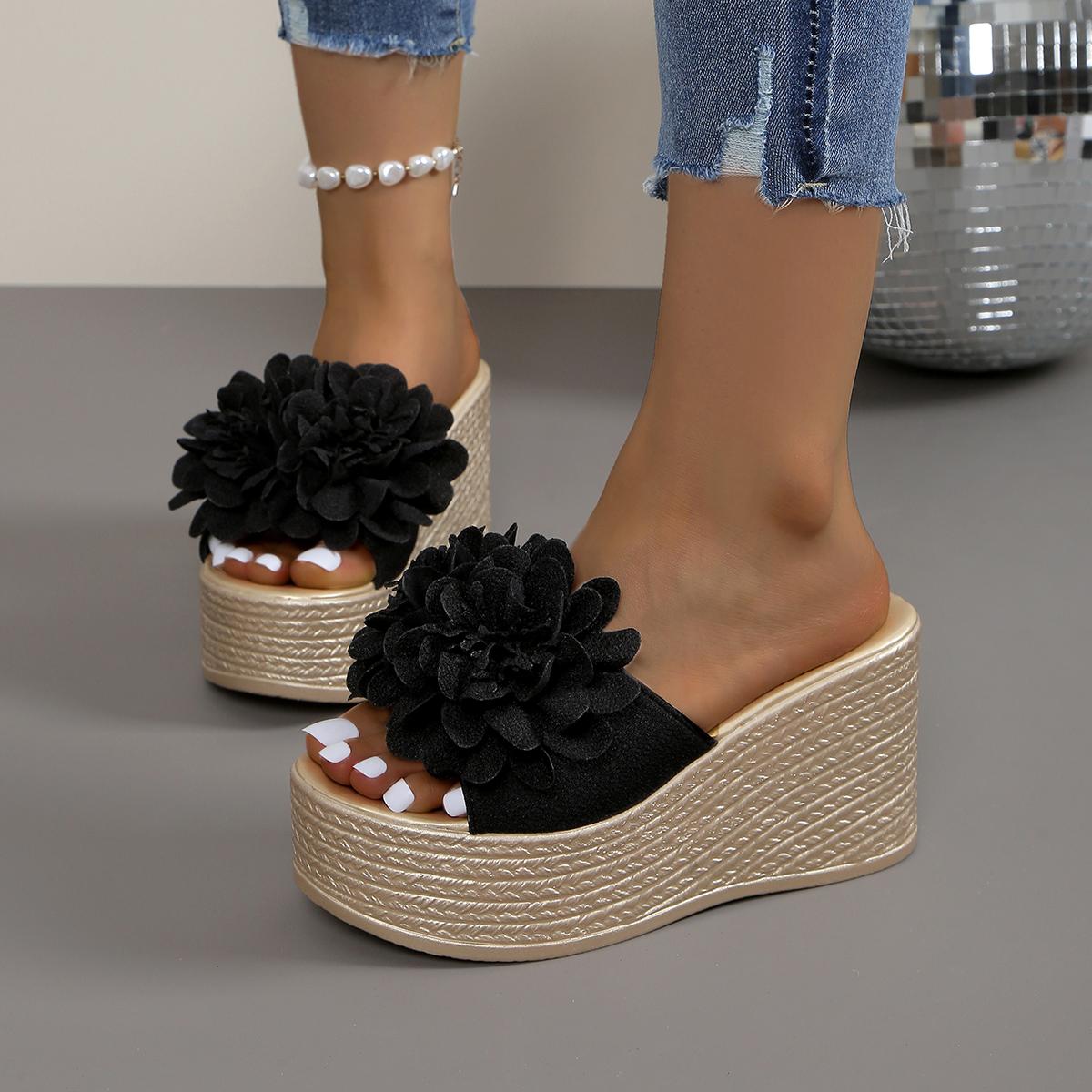 Mode Keilsandalen Damen Hausschuhe Sommer Strand Plateau Schuhe Blume Hausschuhe Damen High Heel Hausschuhe Damen Mode 43 schwarz