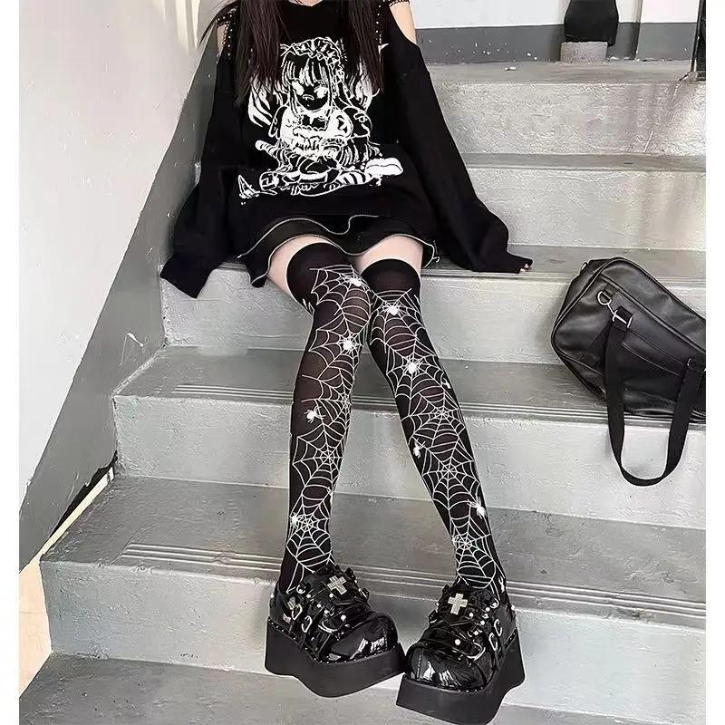 Subkultur Klassische Lolita Schwarze Gothic-Strümpfe Süße Strümpfe Oberschenkelhohe Japanische Mädchen Gothic Punk Retro Spinnennetz Totenkopf Fledermaus Lange Socken One Size gray