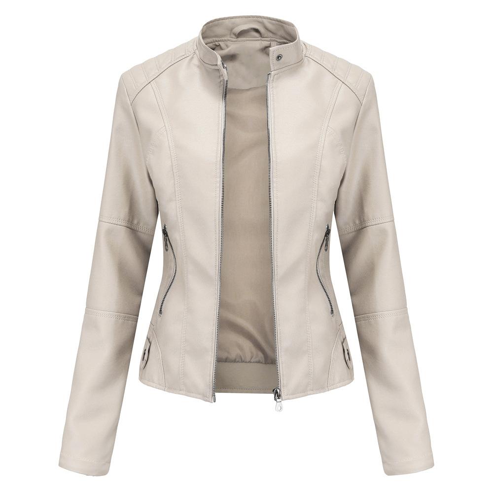 Damen Lederjacke Damen Slim Jacke Dünne Frühlings- und Herbstjacke Damen Motorradjacke Große Größe Stehkragen Lederjacke L