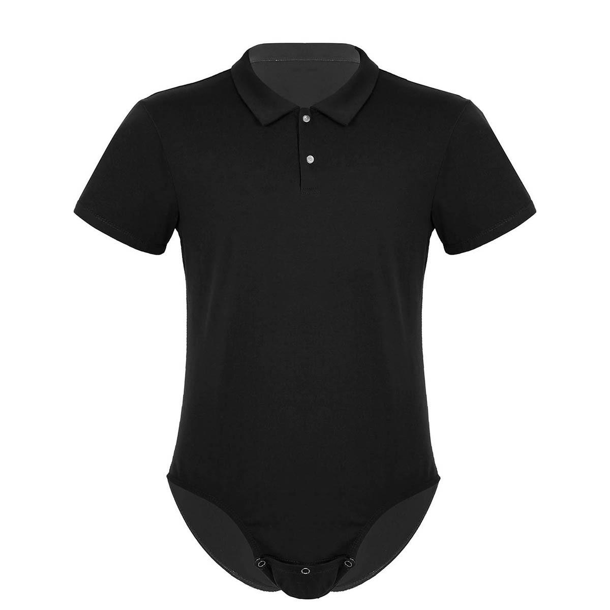 Herren Kurzarm Umlegekragen Druckknopf Schritt Hemd Tops Pyjamas Bodysuit Catsuit Männliche Unterwäsche XL schwarz