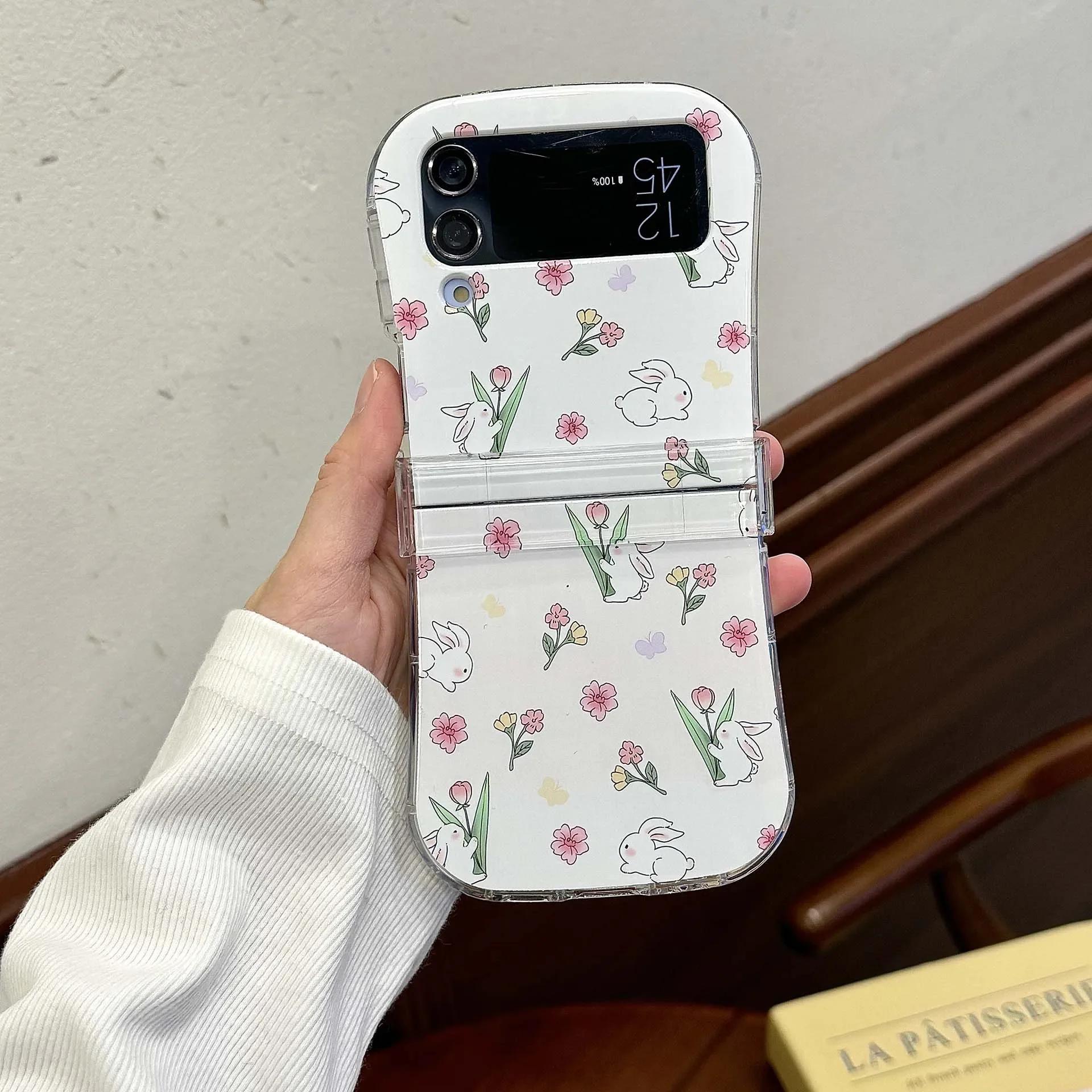 Ästhetisches Blumen-Hasen-Muster Scharnier-Hülle für Samsung Galaxy Z Flip 3 4 5 6 5G Flip6 Flip5 3-teiliges Set Flip4 Niedliche Hasen-Hülle For Samsung Z Flip 6