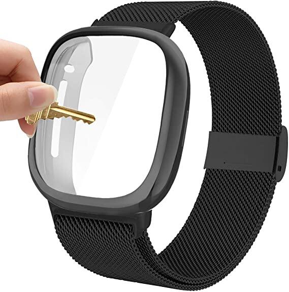 Mailänder Armband für Fitbit Versa 4 3 2 Lite Band mit TPU-Hülle Displayschutz Bumper für Metallarmband für fitbit Sense2 Uhr fitbit versa 2 schwarz