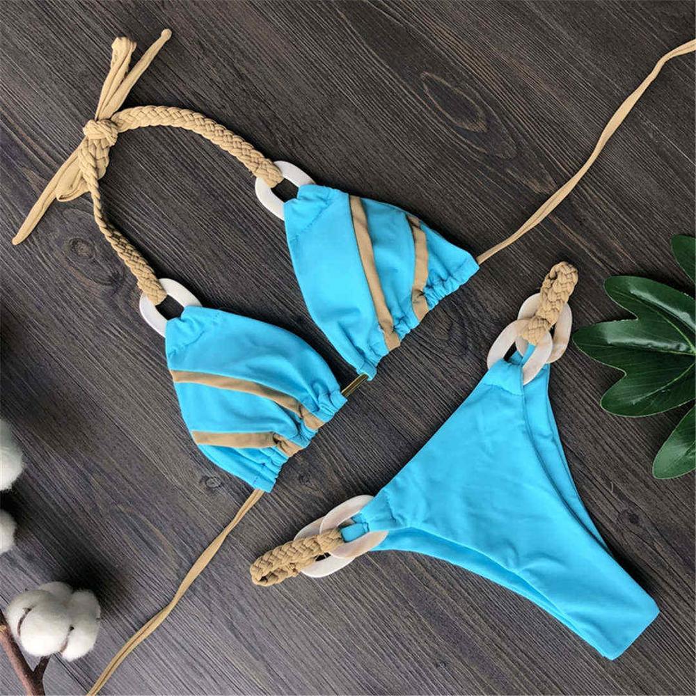 Sexy Halter Bikini Frauen Bademode Weiblichen Badeanzug Zwei-stück Bikini set Gepolsterte Badende Badeanzug L blau