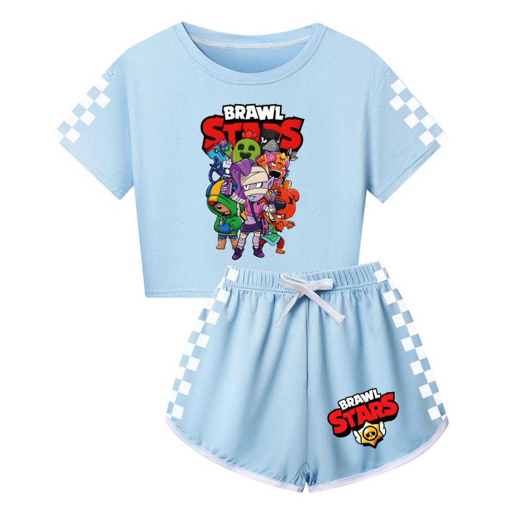 4094 Kinder Mädchen Brawl Stars Aufdruck Kurzarm T-Shirt Shorts Hose Sportkleidung Set 160cm hellblaue