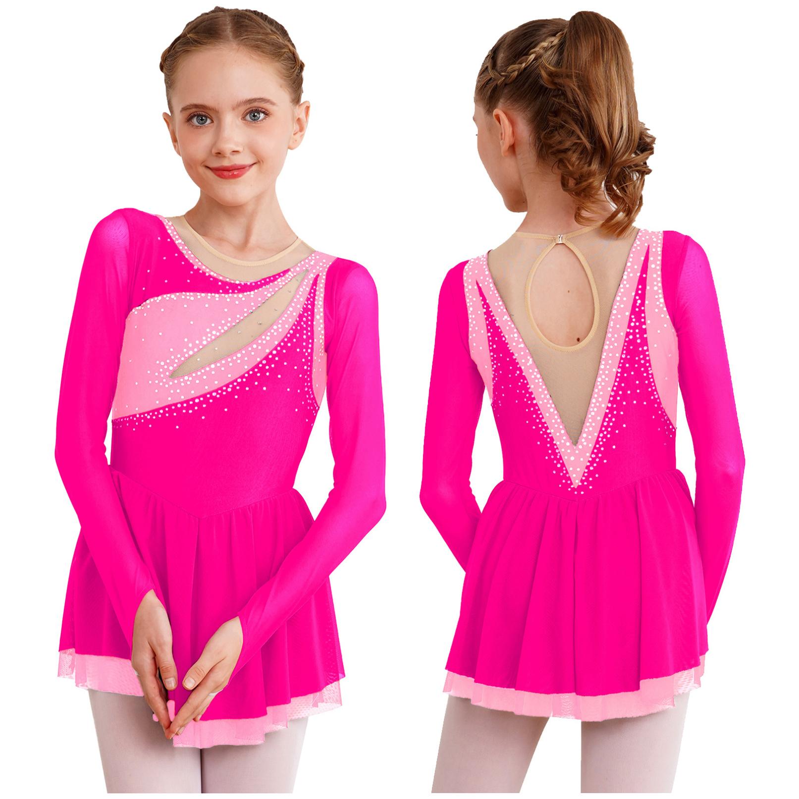 Kinder Mädchen Ballett Lyrical Dance Kleid Rhythmische Gymnastik Trikot Kleider Langarm Strass Eiskunstlauf Dancewear 11-12 Years heißes rosa