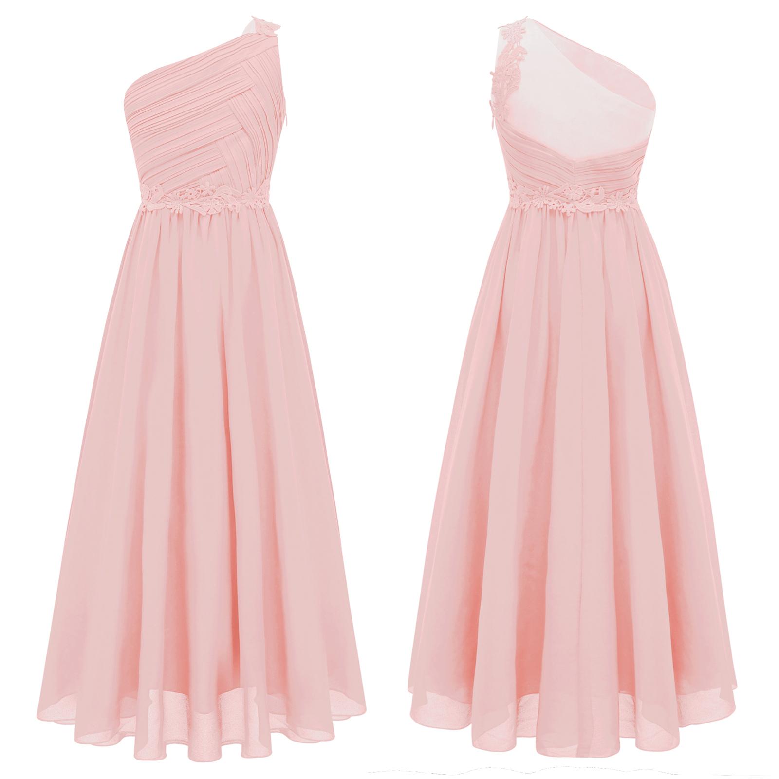 Mädchen One Shoulder Plissee Abend Hochzeit Party Langes Maxi Maxi Junior Brautjungfernkleid Kinder Erstkommunion Kleider 9-10 Years rosa