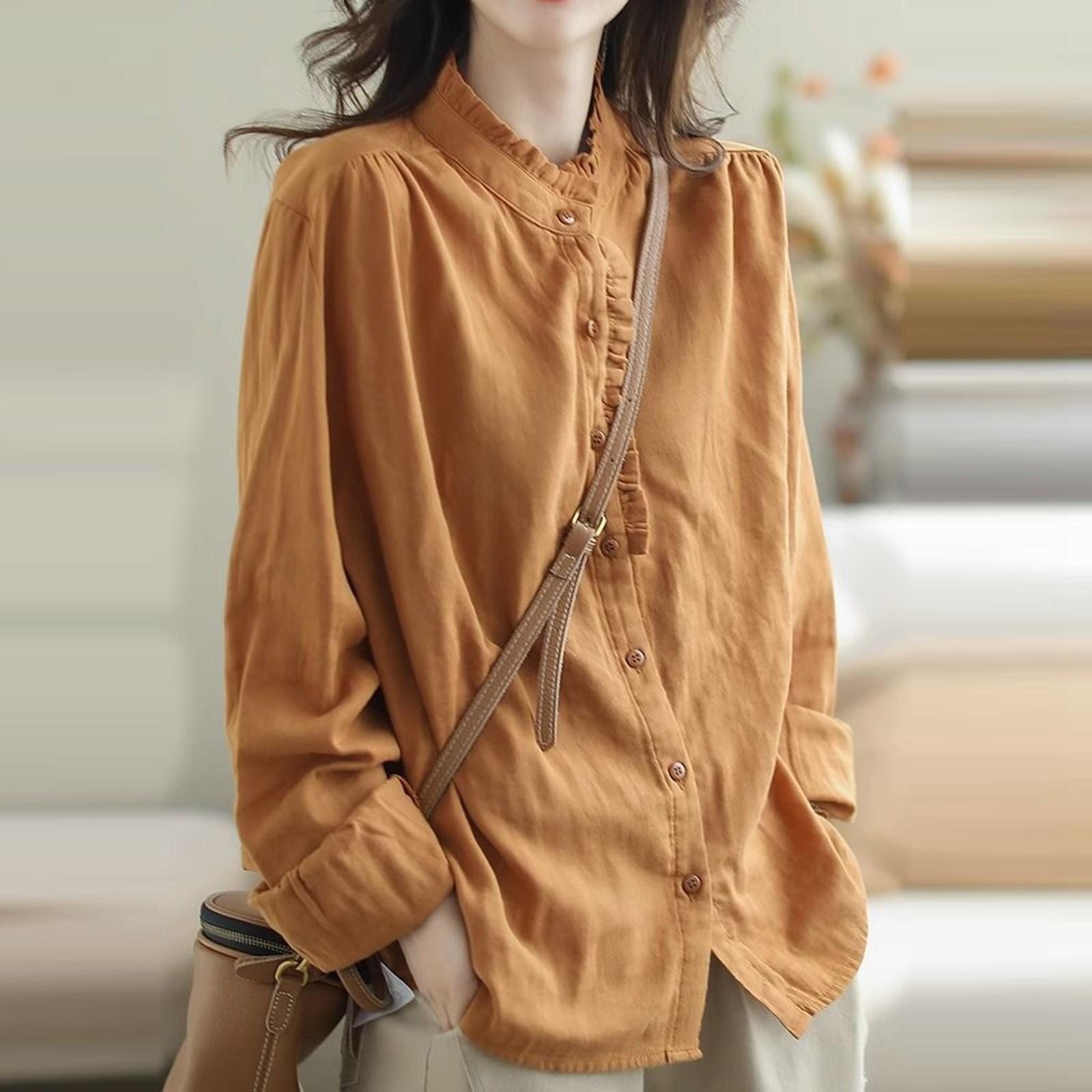 Vintage Baumwoll-Leinen-Hemden und Blusen Sommer Herbst Lässiges Langarmhemd Rüschen Button Up Shirt Übergroße Blusen Tops XXXL orange