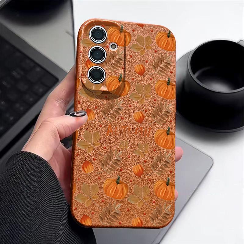 Herbst Kürbisdruck Handyhülle Für Samsung Galaxy S25 Edge S24 S25 FE S23 S22 Ultra A17 A56 A55 A54 A36 A15 A16 Silikon Ledertextur Cover Samsung Galaxy A52 / A52S braun