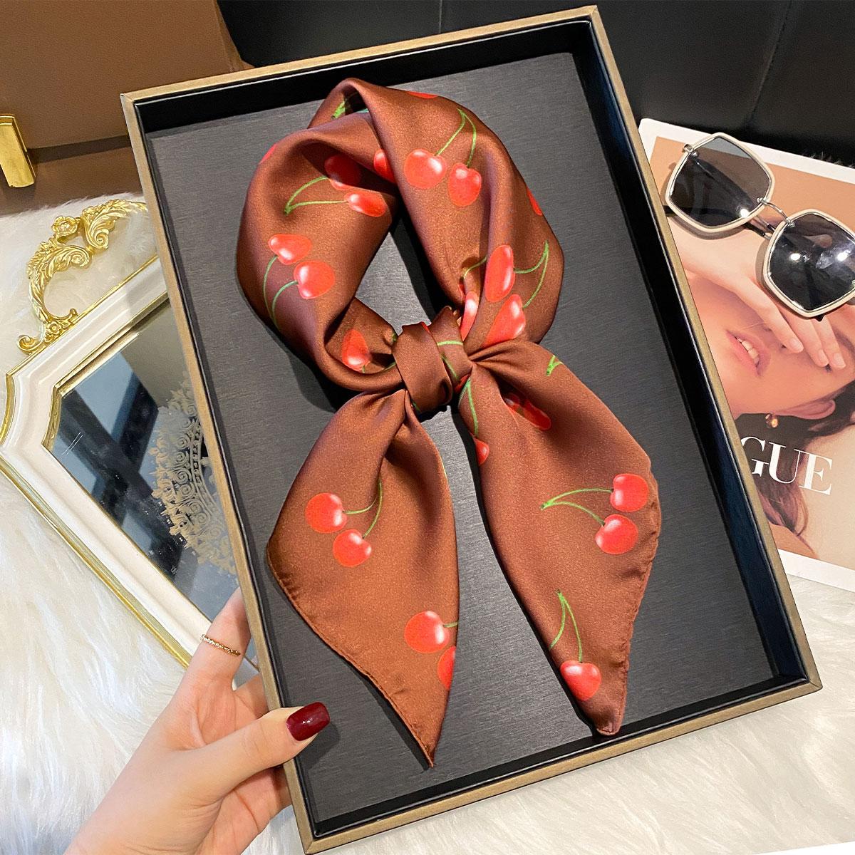 Luxus Print Satin Seide Quadratisches Tuch Für Damen Schal Hijab Halstuch Weiblich Kirsch Haarschleife Stirnband Mode Wickeltuch Bandana brown