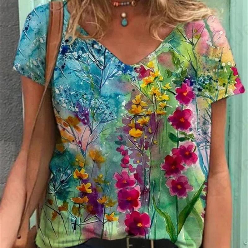 Sommer Vintage Floral Frauen T-shirts 3d Blume Pflanzen Druck T-shirt Frauen Mode T-shirt V-ausschnitt Übergroßen T Shirt Frauen Kleidung XL