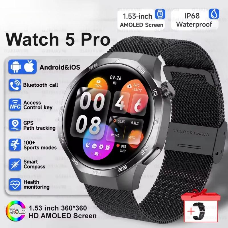 2025 Neue Watch GT5 Max Smartwatch HD AMOLED Bildschirm NFC GPS Tracker Bluetooth Anruf Gesundheit Wasserdicht Smartwatch Männer Frauen Für Huawei Black Mesh Belt