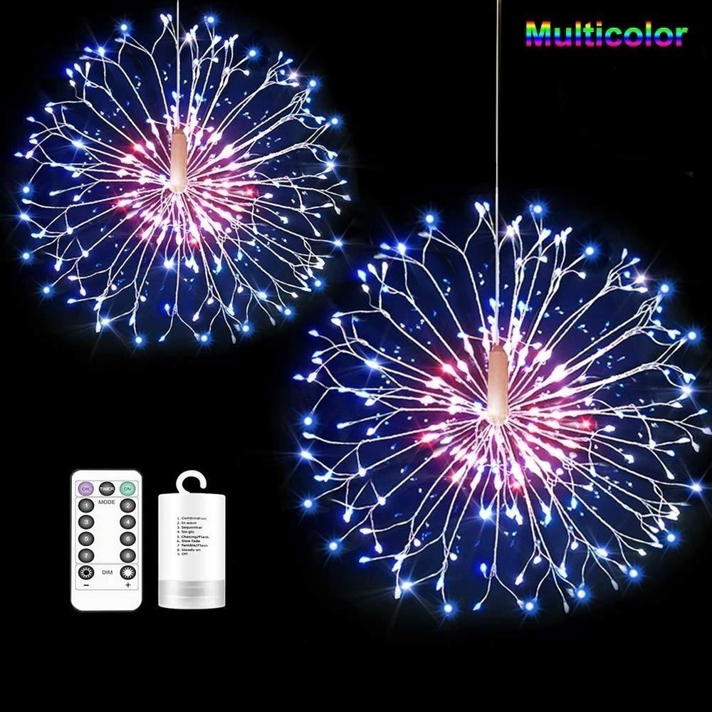 LED-Löwenzahn-Feuerwerk aus Kupfer, 8 Modi, dimmbare Lichterkette mit Fernbedienung, hängende Starburst-Lichter für Partys zu Hause 200LEDS bunt