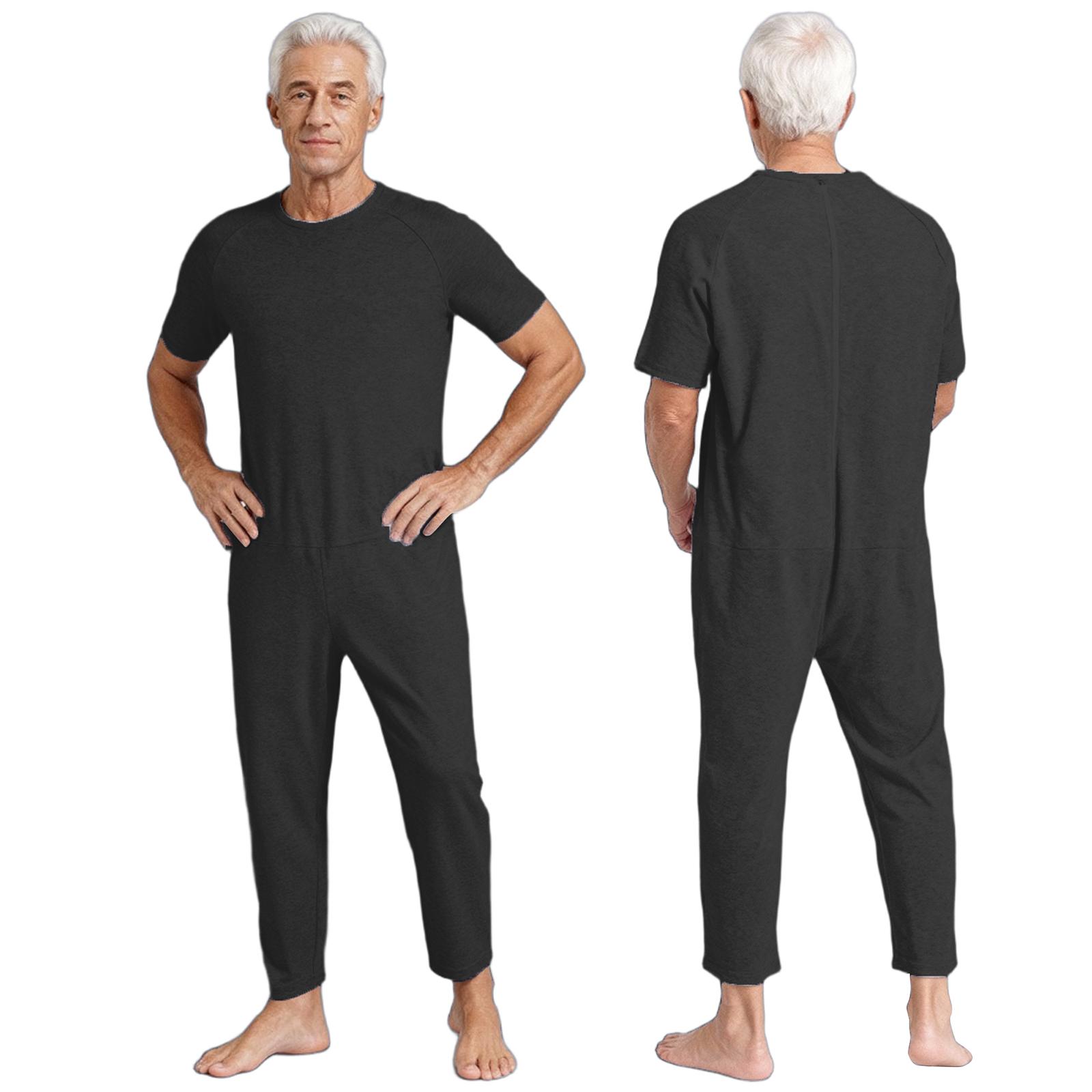 Herren Adaptive Kleidung Einfarbiger Rundhalsausschnitt Kurzarm Reißverschluss hinten Jumpsuit Spezielle Bedürfnisse Kleidung M schwarz
