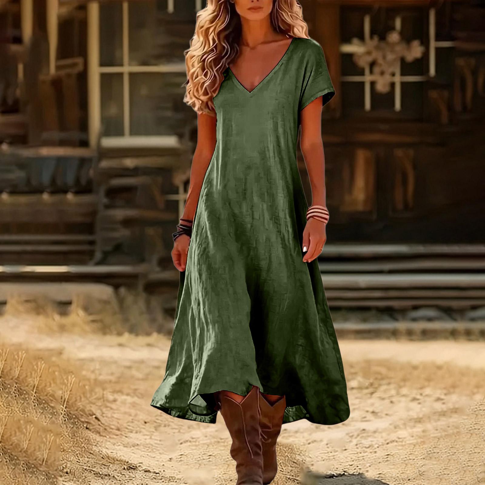 Boho-Kleider für Damen 2026 V-Ausschnitt Kurzarm-Sonnenkleider für Damen Sommerkleider für Damen Lässiger Lockerer Schnitt L