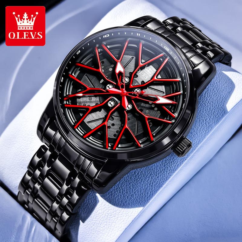 OLEVS Mode 360° Drehzifferblatt Sportwagen Felge Radnabe Quarz Uhr Herren Wasserdicht Edelstahl Herren Armbanduhr rot