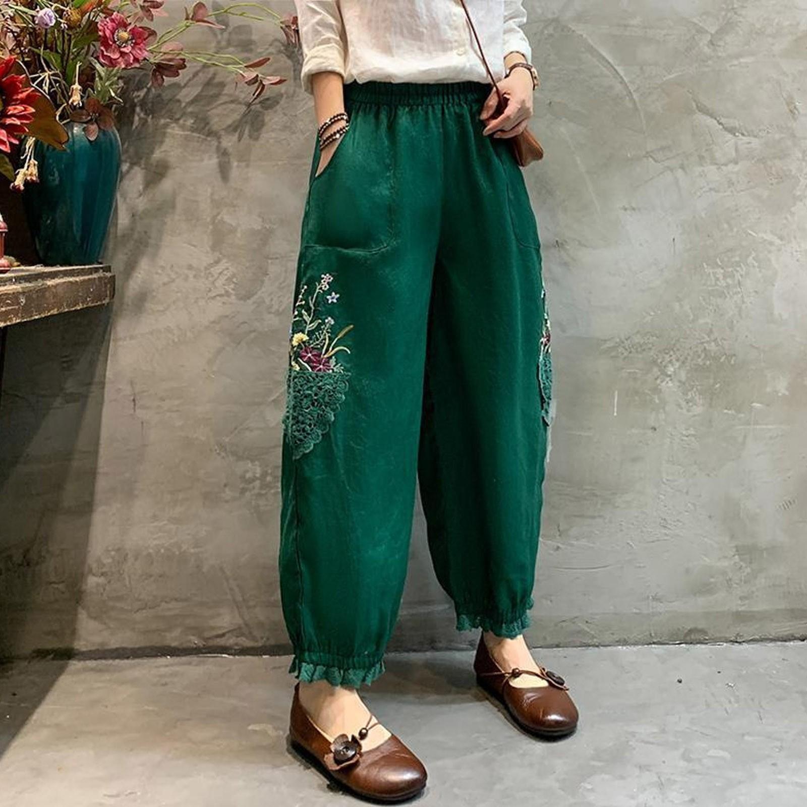 Damen Freizeithose Bequeme Tasche Elastische Atmungsaktive Hose Baumwolle Leinen Harajuku Locker Bundhose Koreanische Mode Hose XL grün