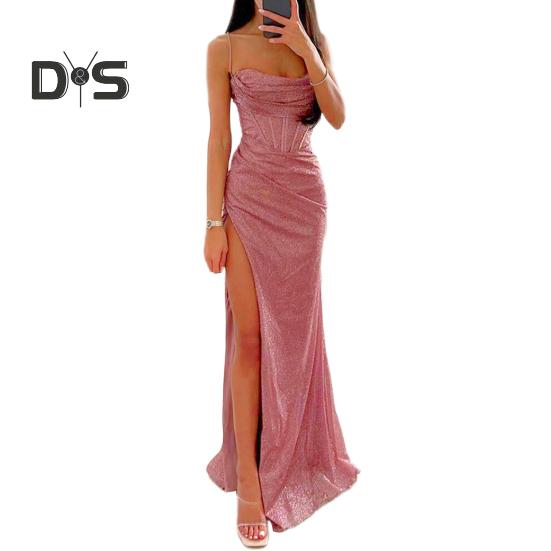Abendkleid für Damen, Spaghettiträger, glänzende Pailletten, ärmellos, schulterfrei, tiefer Schnitt, hoher Schlitz, lockere hohe Taille, bodenlang, Ballkleid für Damen M rosa