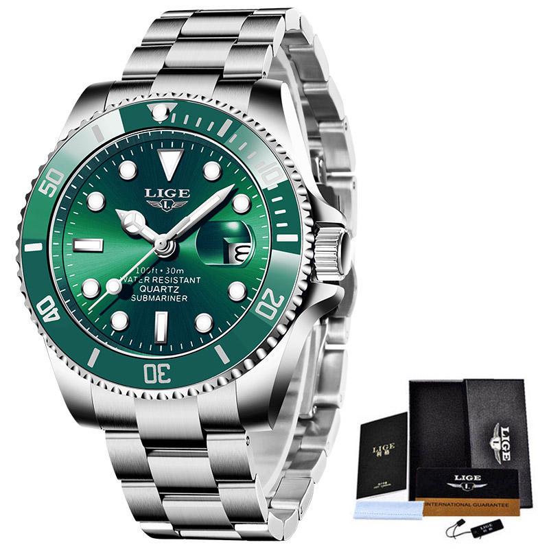 LIGE Top Marke Luxus Mode Taucher Uhren Männer 30ATM Wasserdicht Datum Uhr Sport Uhr Männer Quarz Armbanduhr silber/grün