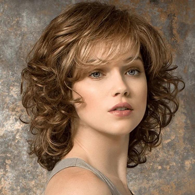 Kurze Bob-Haare, flauschige Perücken für Damen, natürliche Perücke, weiblich, Ombre-Blond, braun, Perücke mit Pony, natürliche gewellte, hitzebeständige Faser-Perücke goldbraune