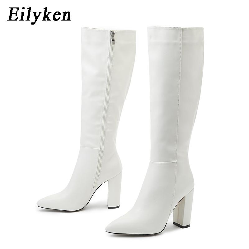 Eilyken Mode Frauen Kniehohe Stiefel Spitz Zipper Chunky High Heels Schuhe Herbst Winter Weibliche Lange Stiefel Schuhe Schuhe 39 weiß