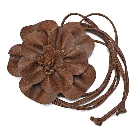 Boho-Blumen-Taillengürtel für Damen und Mädchen, florales Kunstleder, Seil, Taillenband, Hochzeitskleid, dünner Bund kaffeebraun