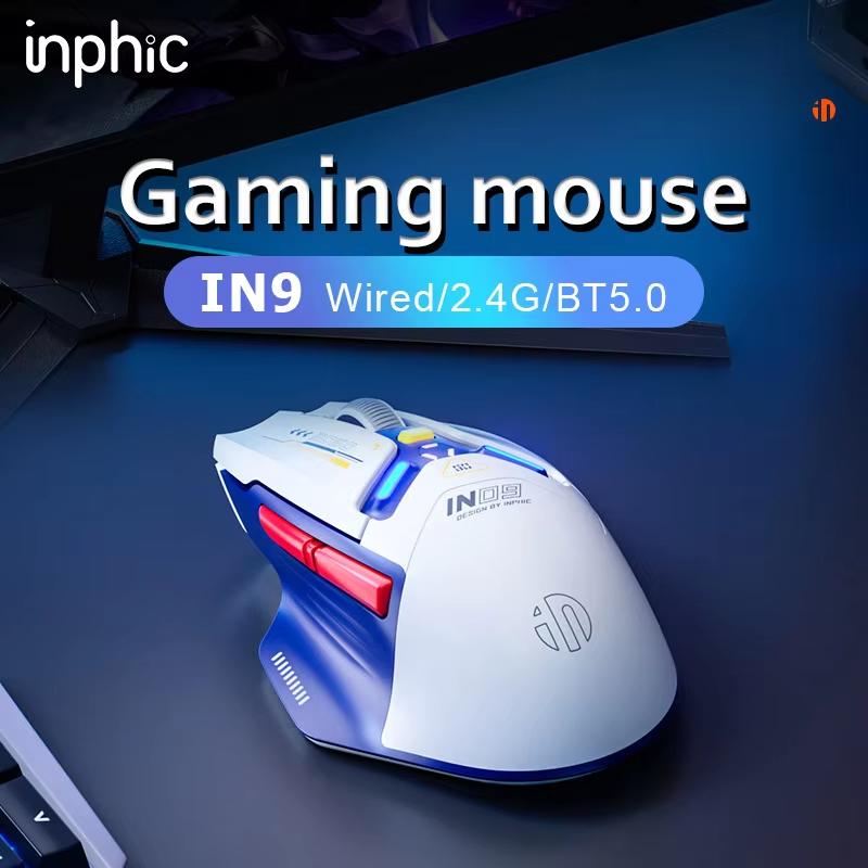 INPHIC IN9 Wiederaufladbare kabellose Gaming-Maus mit RGB-Beleuchtung, 10.000 DPI, 6 Tasten, programmierbare optische Bluetooth-Maus mit drei Modi 21x15x6cm blau
