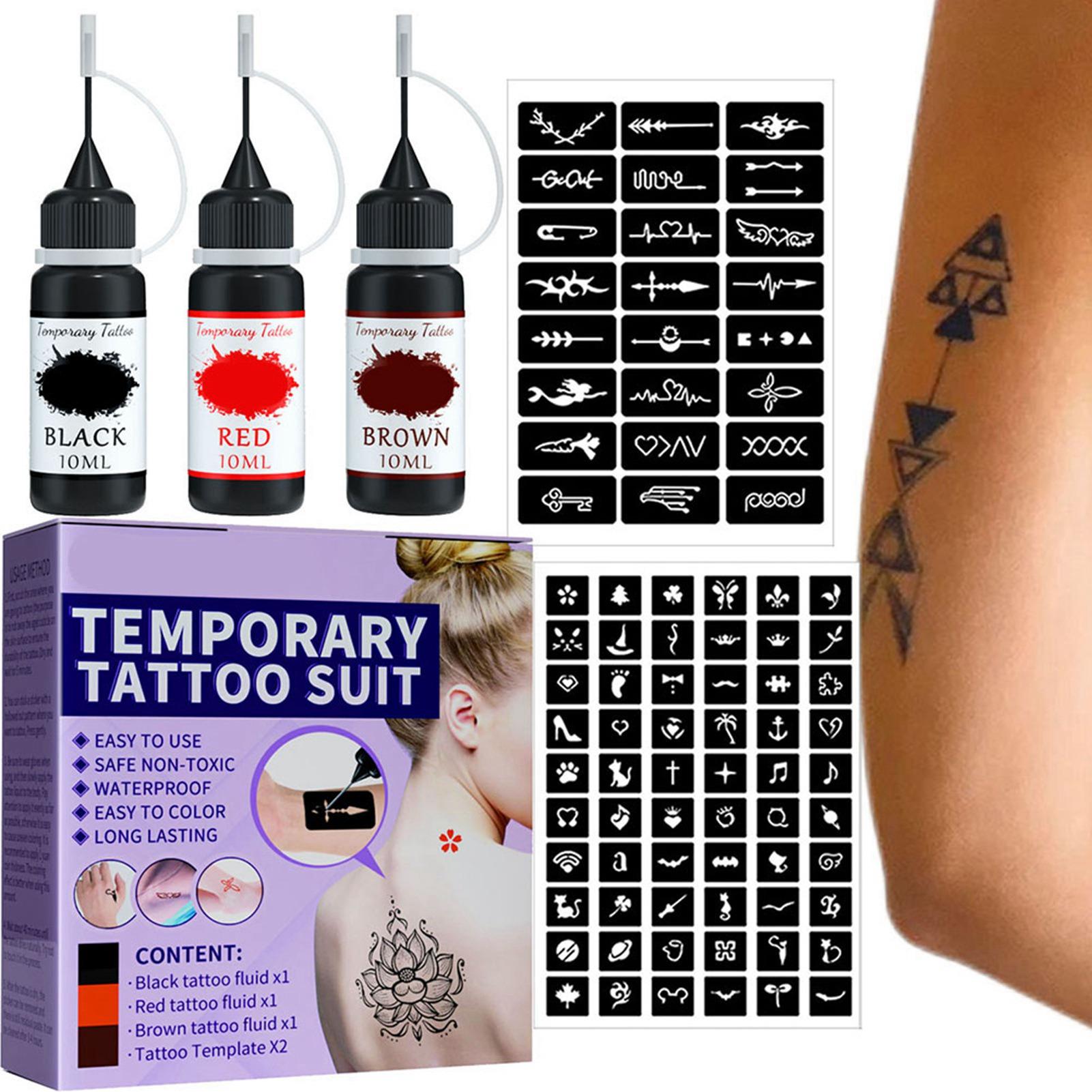 Temporäres Tattoo-Set mit 3 Farben Fruchtiger Tinte und 84 Mustern Klebende Schablonen DIY Tattoos Set