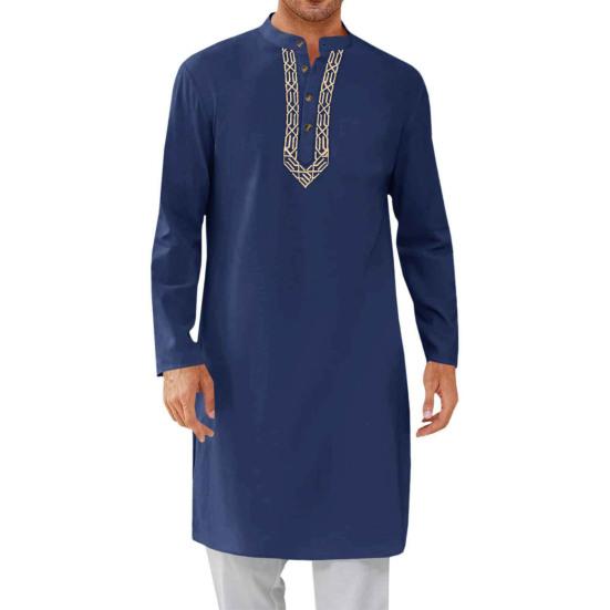 Herren Kaftan Robe O-Ausschnitt Langarm Abaya Atmungsaktive Button-up Thobe Arabische Ihram Kleidung für legere Anlässe Gebete M navy blau
