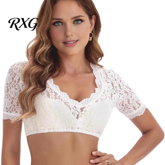 Deutsches Dirndl Bluse Damen Blumen Spitze Crop Top, Bayerisches Oktoberfest Kostüm Französisch Retro Kurzes T-Shirt Bluse, Mit Ärmeln Durchsichtiges Cropped Hemd Urlaubs Top XL beige