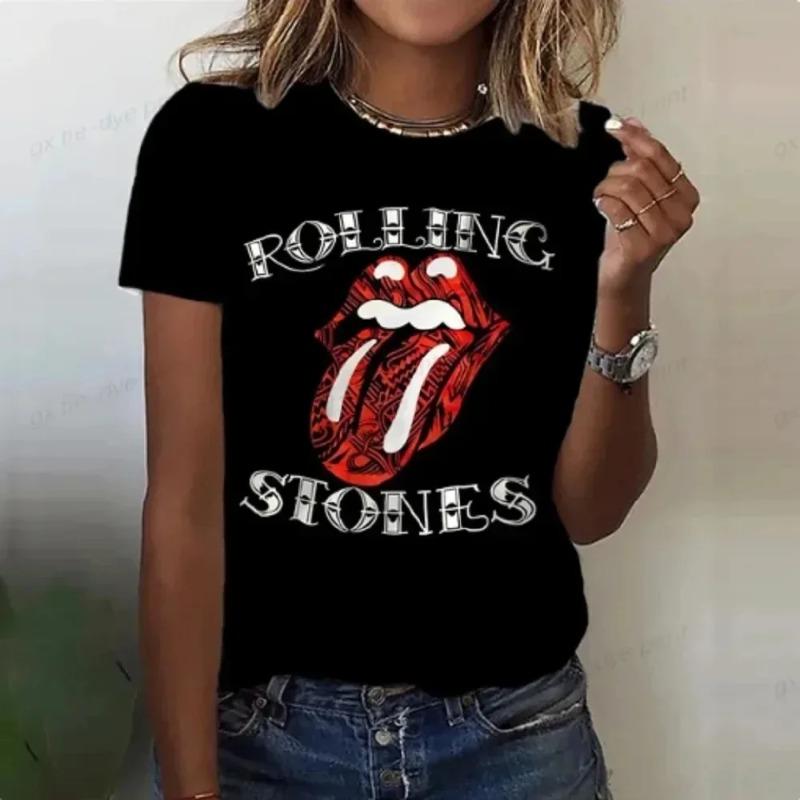 Rolling Stones Harajuku Lustiger Druck Frauen T-Shirt Kurzarm Hals Rotes T-Shirt Damen T-Shirt Tops Kleidung Camisetas L