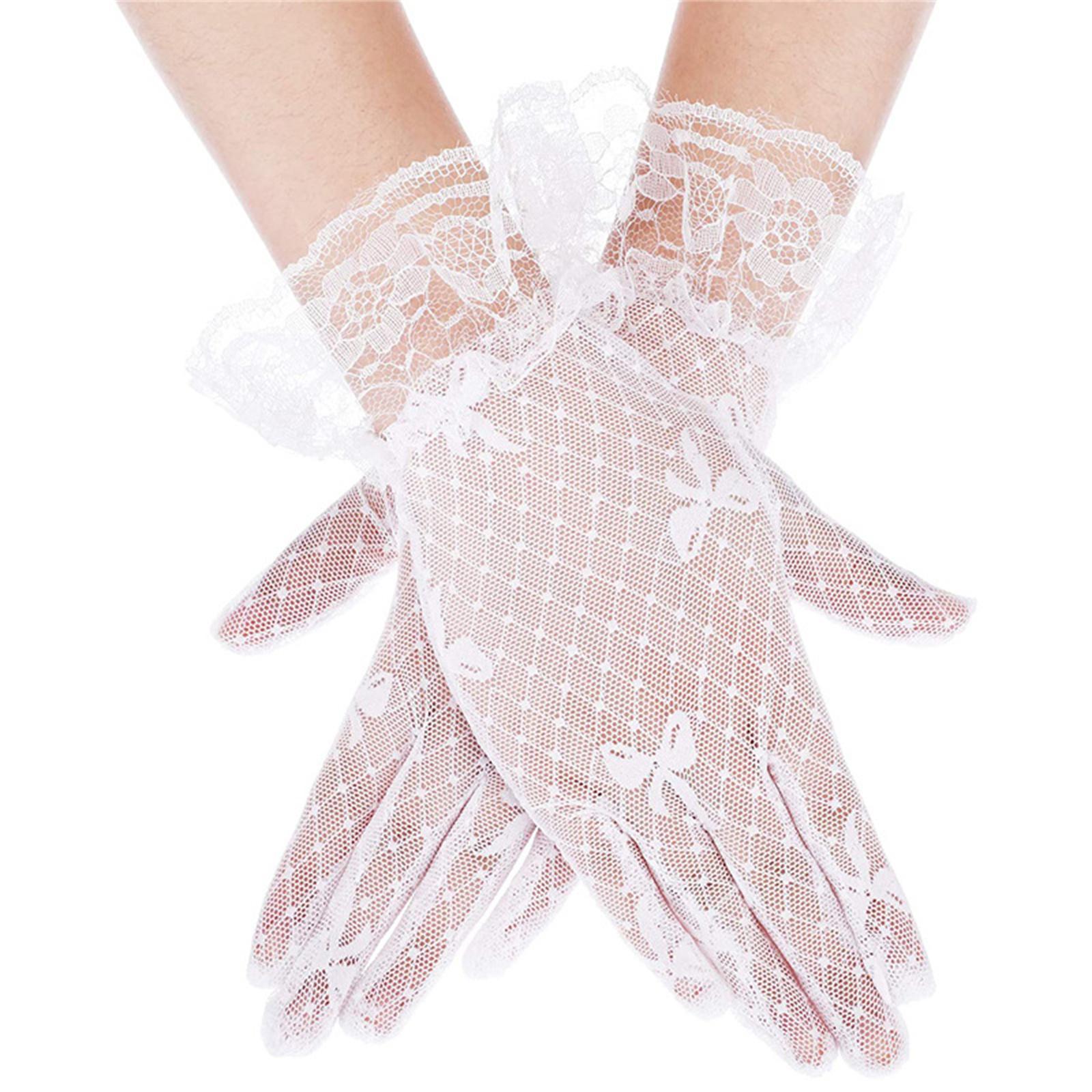 Damen Spitzenhandschuhe, kurze Spitzenhandschuhe, Tee-Party-Handschuhe, Opernhandschuhe, Braut-Handgelenk-Handschuhe, Tanzhandschuhe, Bankett-Handschuhe weiß