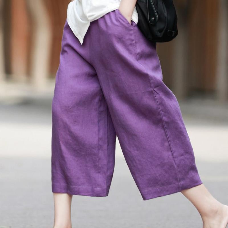 Baumwolle und Leinen Weitbeinige Hosen für Damen im Sommer Dünne Cropped-Hosen Retro Leinen Cropped-Hosen Locker Gerades Bein Lila Hosen XL violett