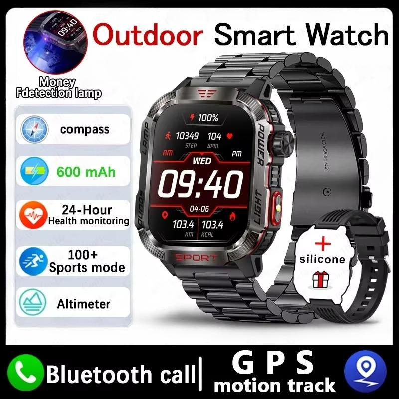 2025 Neue Militär-GPS-Smartwatch Herren Taschenlampe Kompass Wasserdicht Outdoor-Sport-Tracker Bluetooth-Anruf Smartwatch Black steel belt