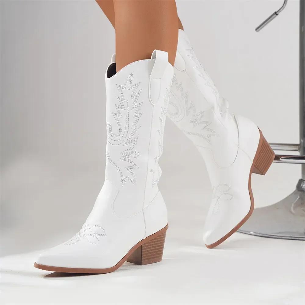 Mode Mode Damenstiefel Hochwertige Absätze Wadenlang Weiße Cowboystiefel Große Größe 43 Damen Vintage Westernstiefel Schuhe für Damen 38 white