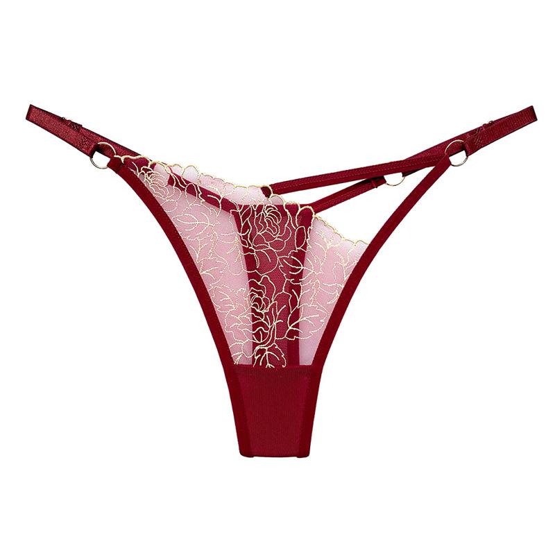 TERMEZY Frauen Sexy Aushöhlen Höschen Low-taille G String Tanga Unterwäsche Weibliche Versuchung Stickerei Dessous Ultra Dünne Intimat one size bordeaux