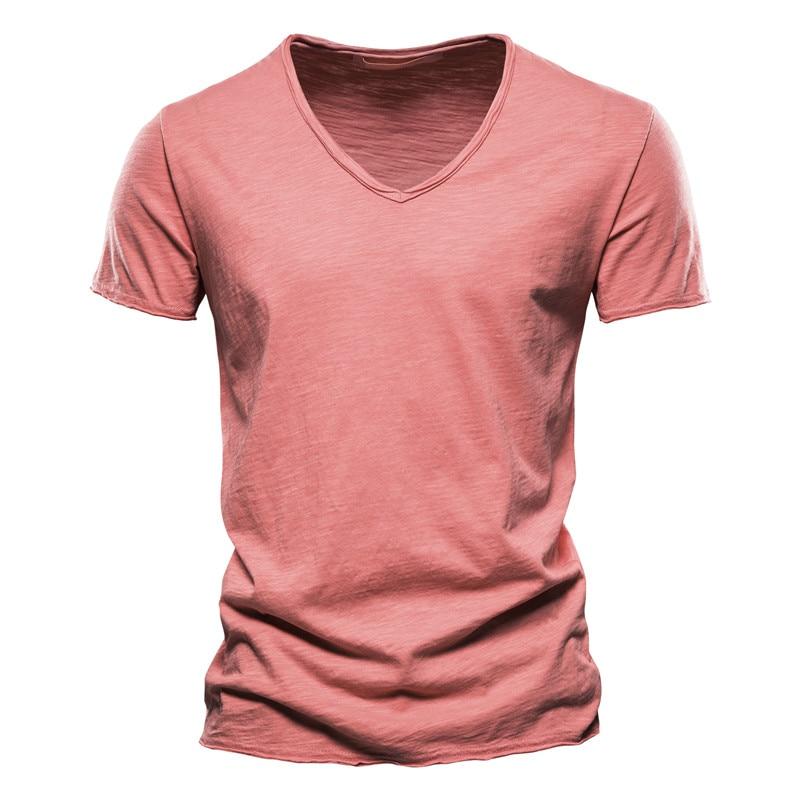 AIOPESON Sommer 100% Baumwolle Elastizität T Shirt Männer Casual Weiche Fitness Shirt Männer T Shirt Tops T Shirts V-ausschnitt kurzarm T-shirt Männer M rot